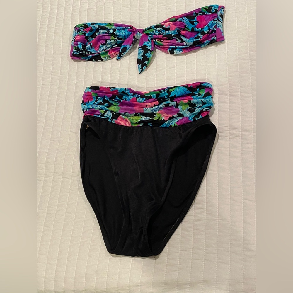 Catalina Vintage Tropical Floral Bikini Sz 10 Bandeau Swim Top High Cut Bottom